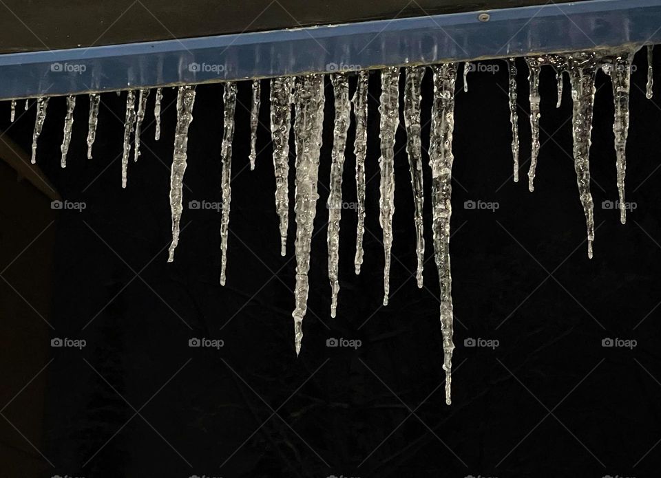 Winter nature decoraton, hanging icicles on the dark background