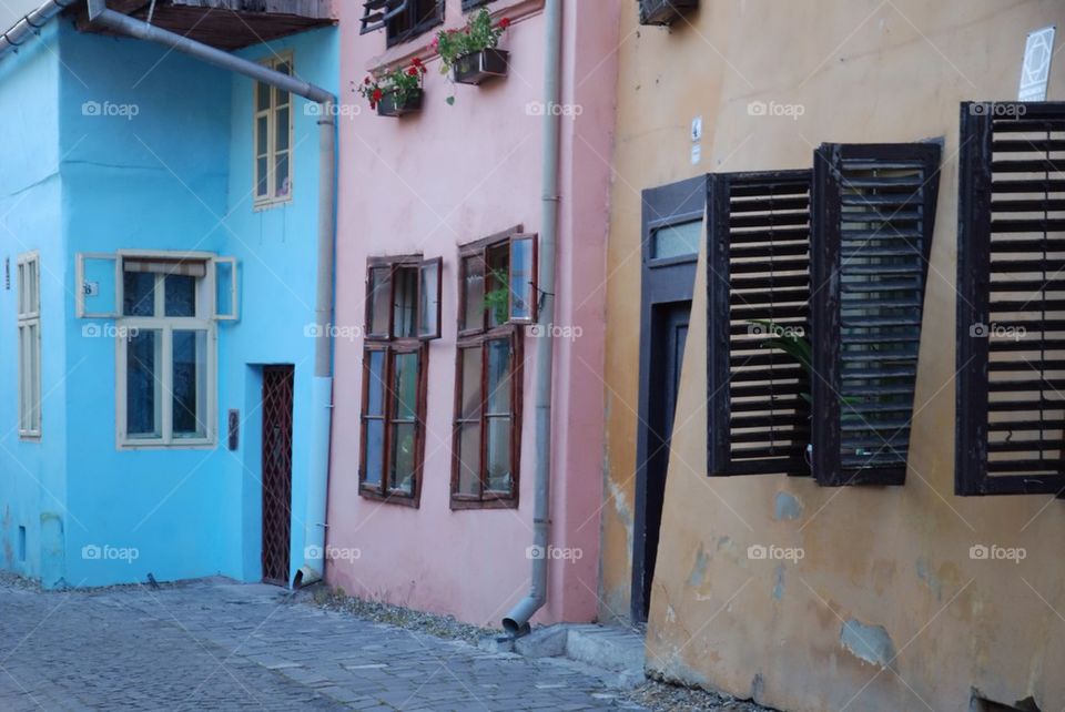 Colourful street in Sighisoara, Transylvania, Romania