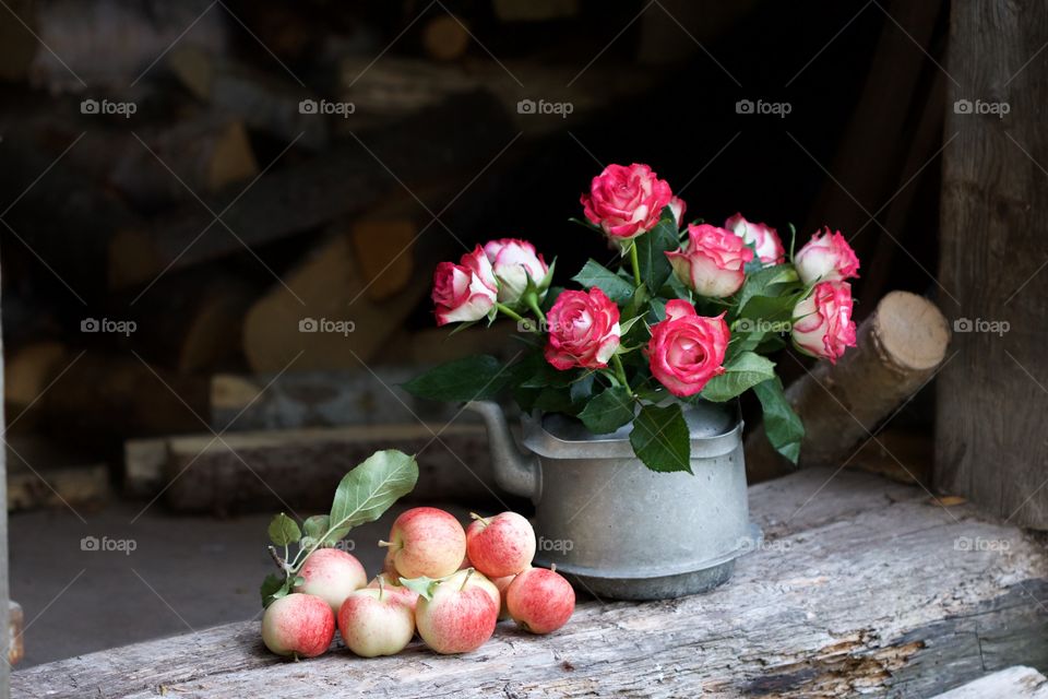 pink roses and apple