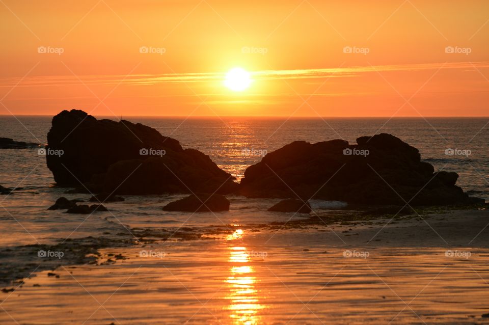 Golden sunset. Sunset on Bascuas beach, Galicia, Spain.