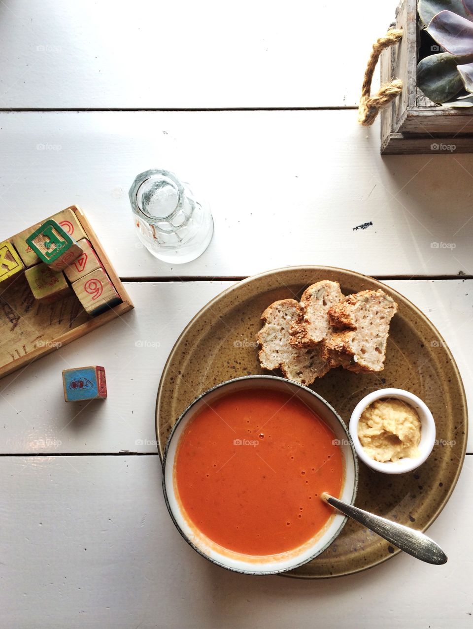 High angle view of tomato soup