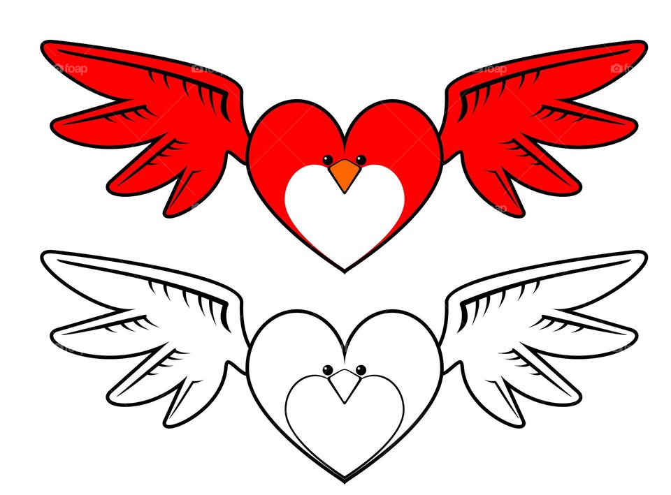 Cartoon heart with wings and bird beak