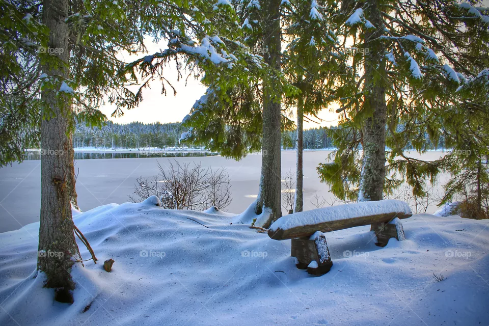 Bench In The Snow Stock Photo And Images