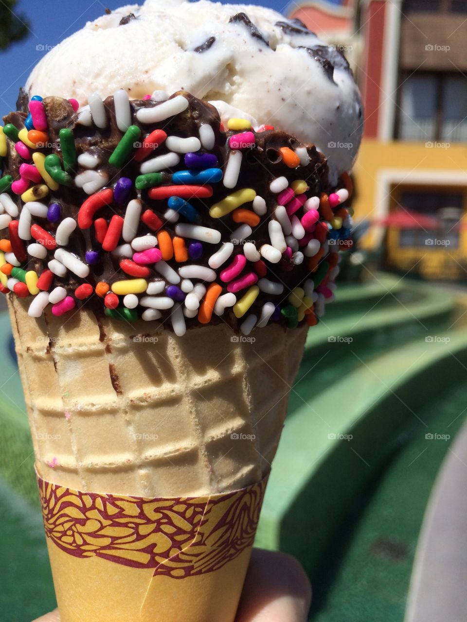 Sprinkly ice cream cone. Downtown Disney eating ice cream this hot summer day