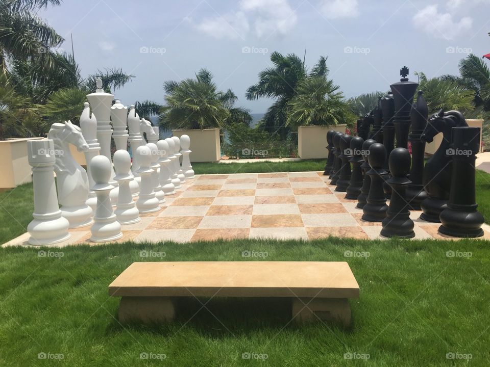 Life size chess game in a garden