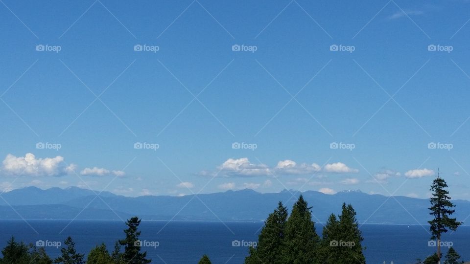 View over tree tops overlooking pacific ocean and mainland mountains with blue sky and clouds