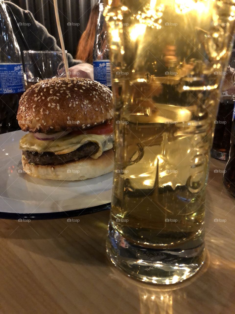 Pub food. Hamburger beer