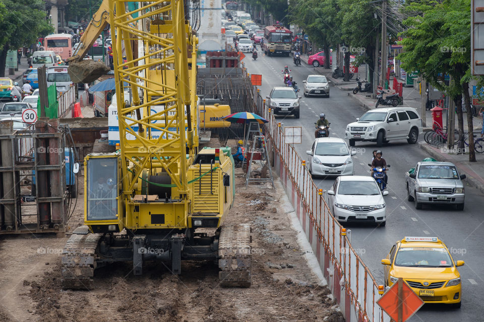 Construction crane of theBTS public train on the road in bangkok Thailand 