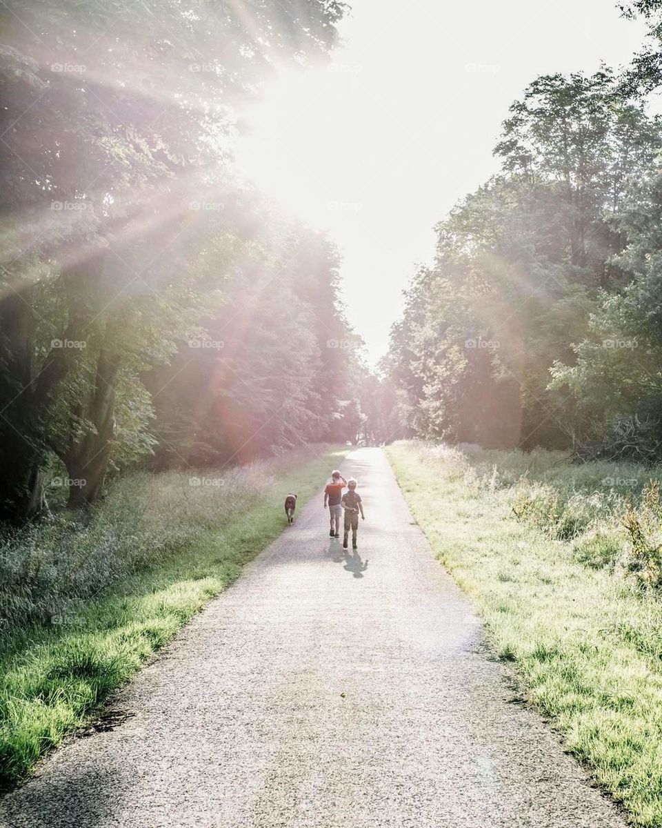 walking woofs, nice children with dog friend, walking with dog