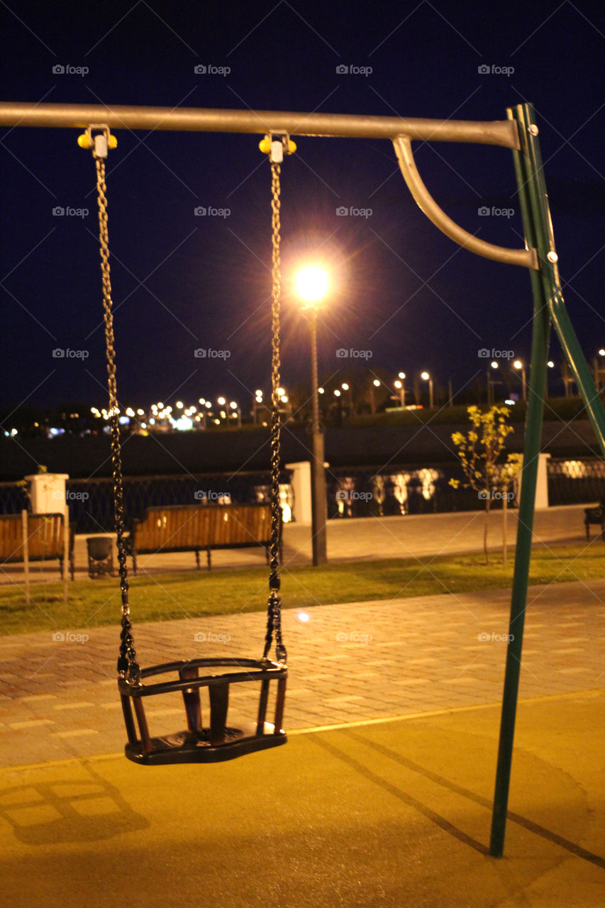 Swing, children's swing, playground, Belarus, Minsk, Gomel, river Sozh, embankment, park, bridge, pavement, river, lanterns, light, Night, Lamp street, lantern city, reflection, glare, white, black and white, city