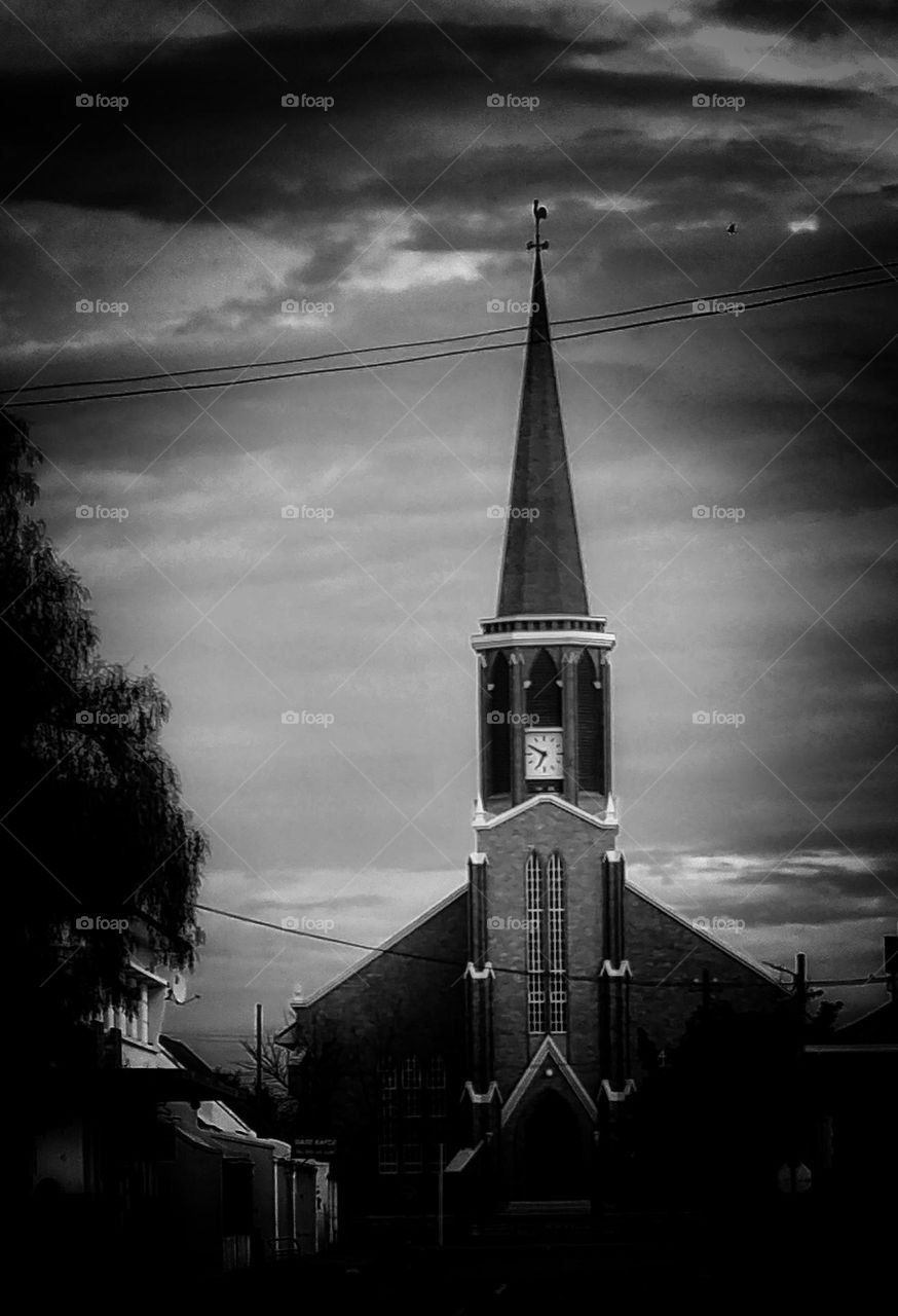 church tower black and white