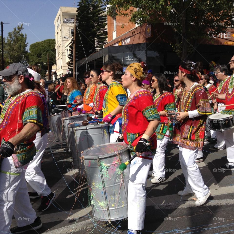 Drummers in carnival parade. 