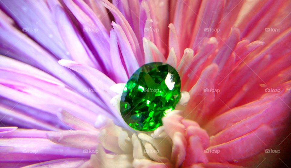 Small green emerald in pink petals 