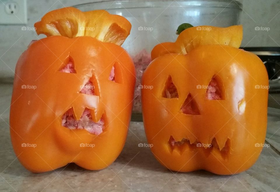 Fun Halloween Dinner. Jack-o-lantern stuffed peppers