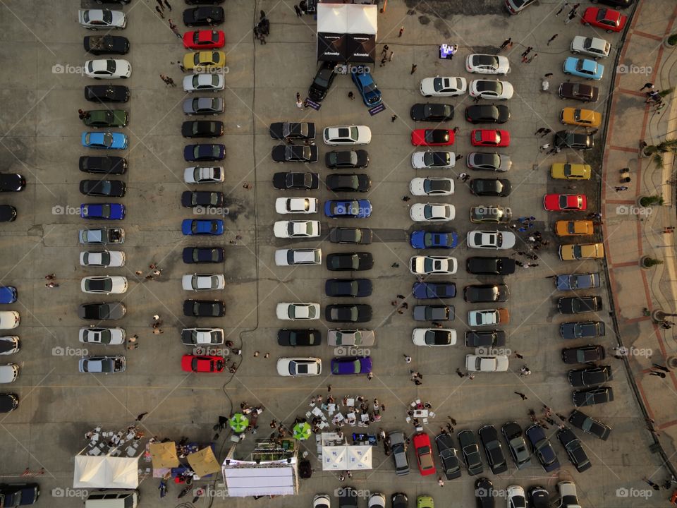 aerial view from above of bmw cars parked