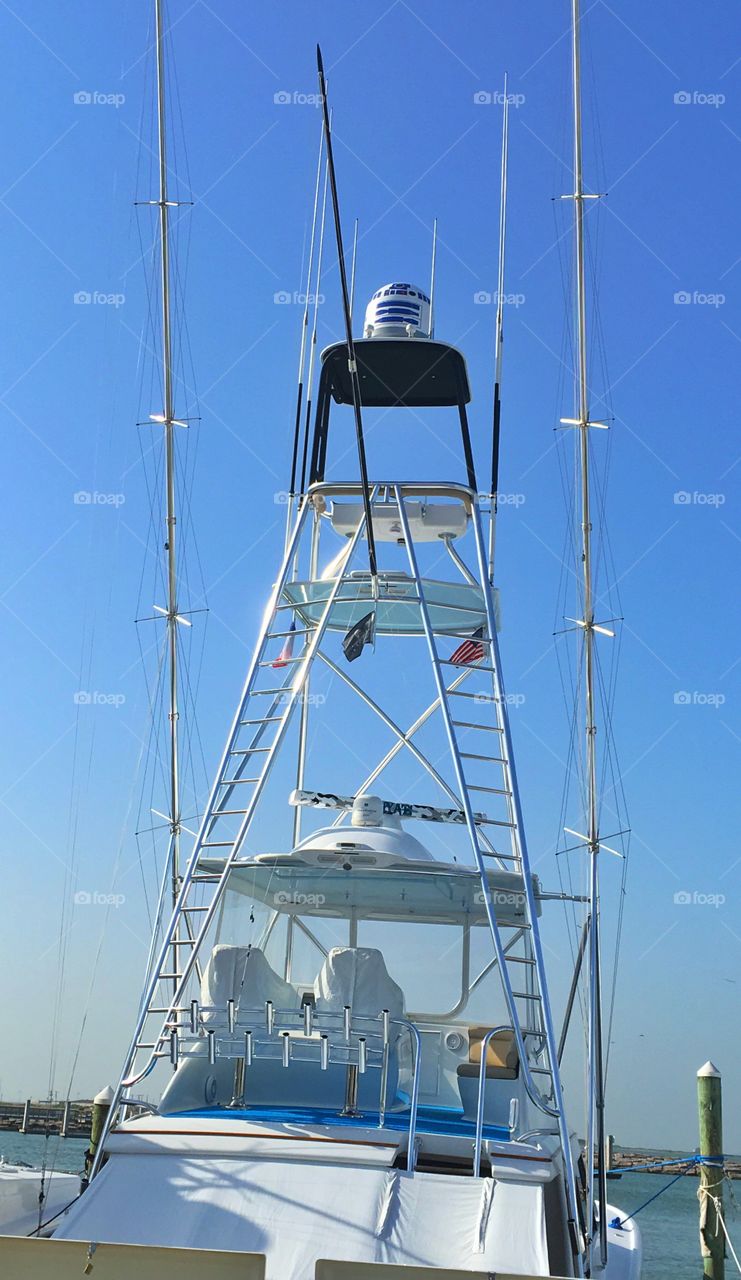 R2D2 satellite antenna cover on a deep sea fishing boat. 
