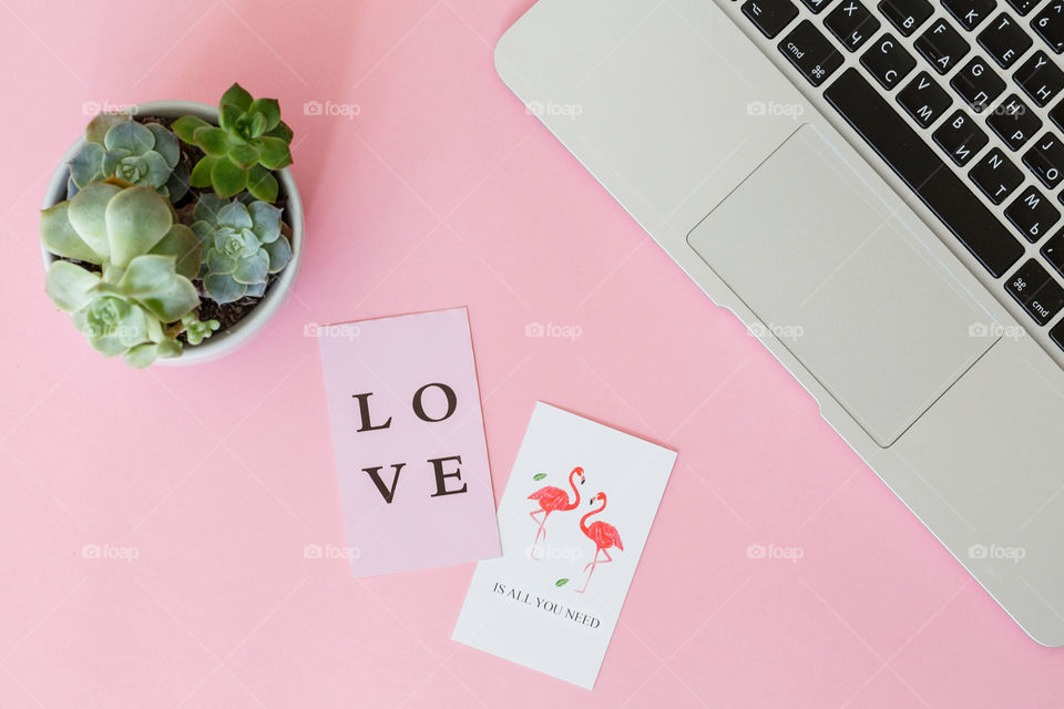 Desktop flat lay with laptop 