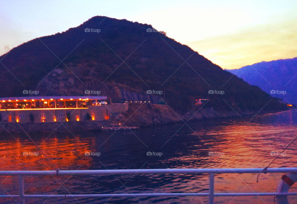 restaurant, mountains and sea, bay