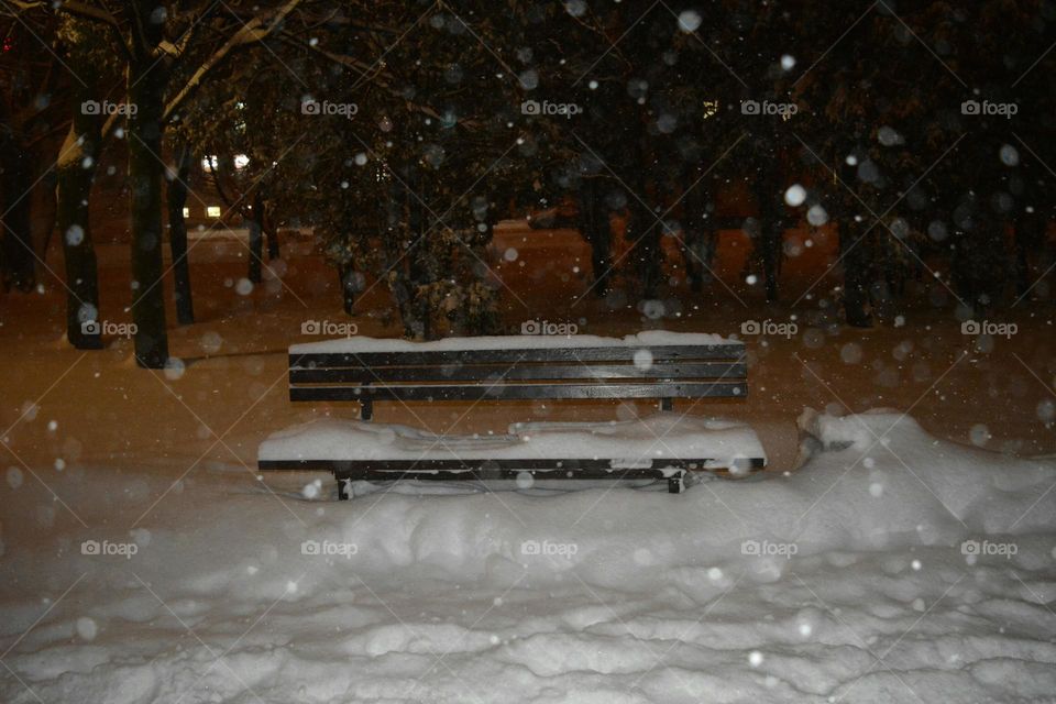 winter bench evening city