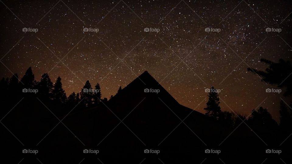 Evergreens and a ranchers barn against the milky way