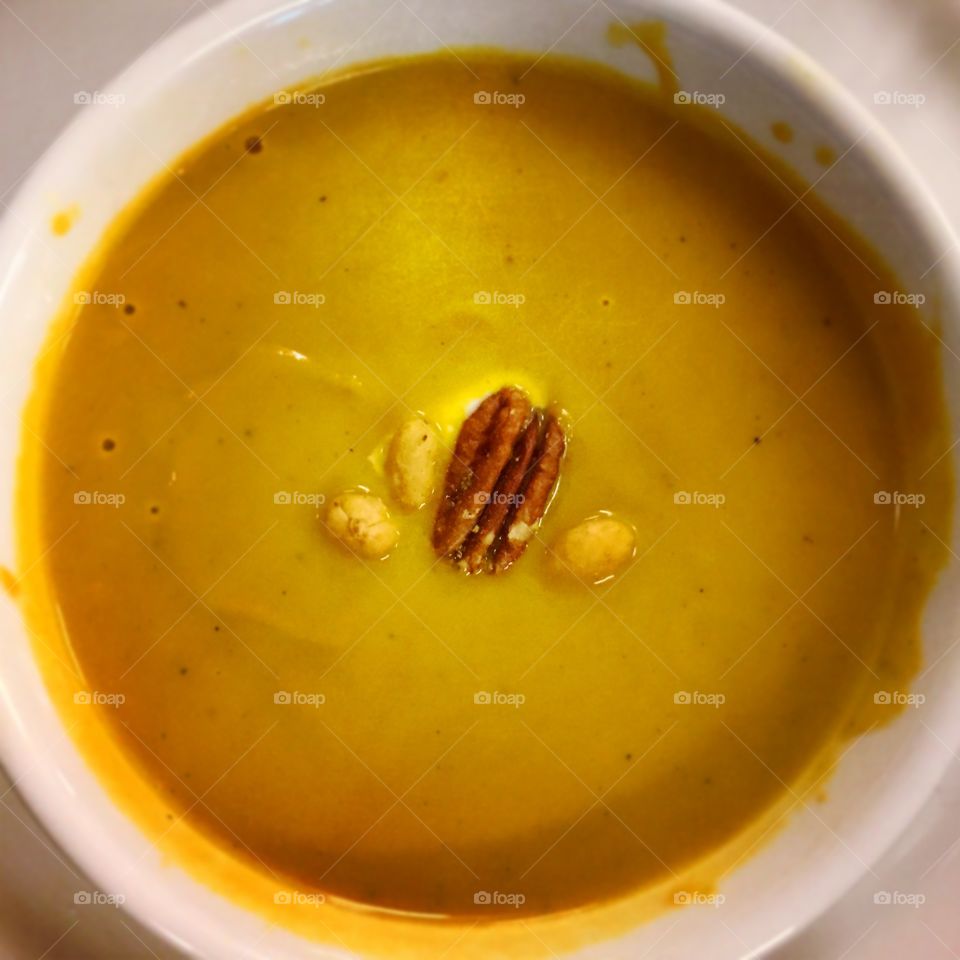 Butternut squash soup with toasted pecan.