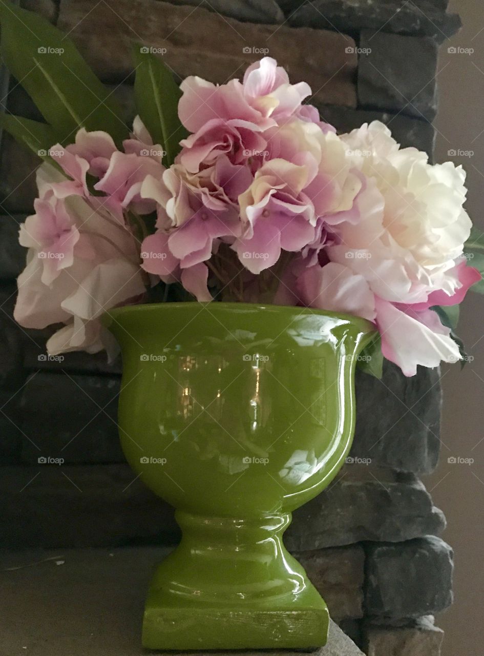 Green Vase with Flowers