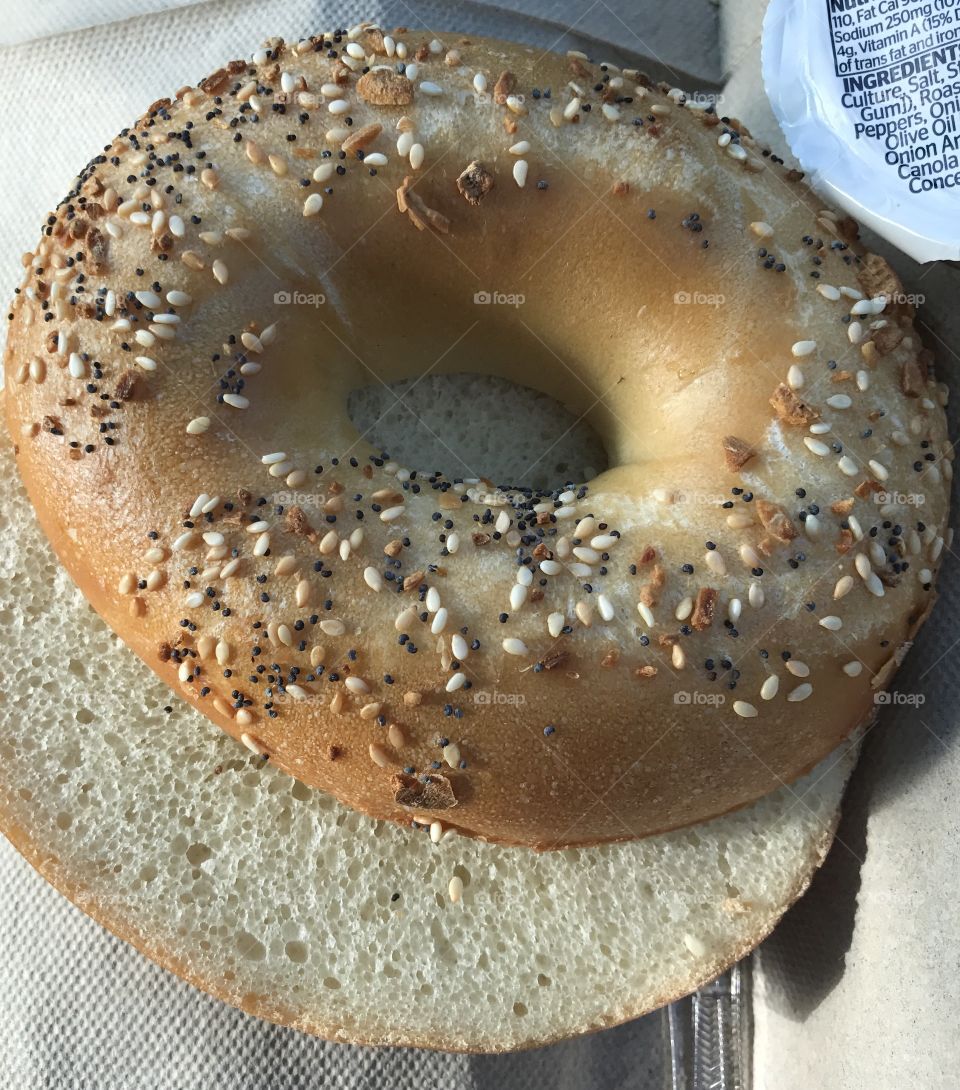 Everything bagel with cream cheese on the side