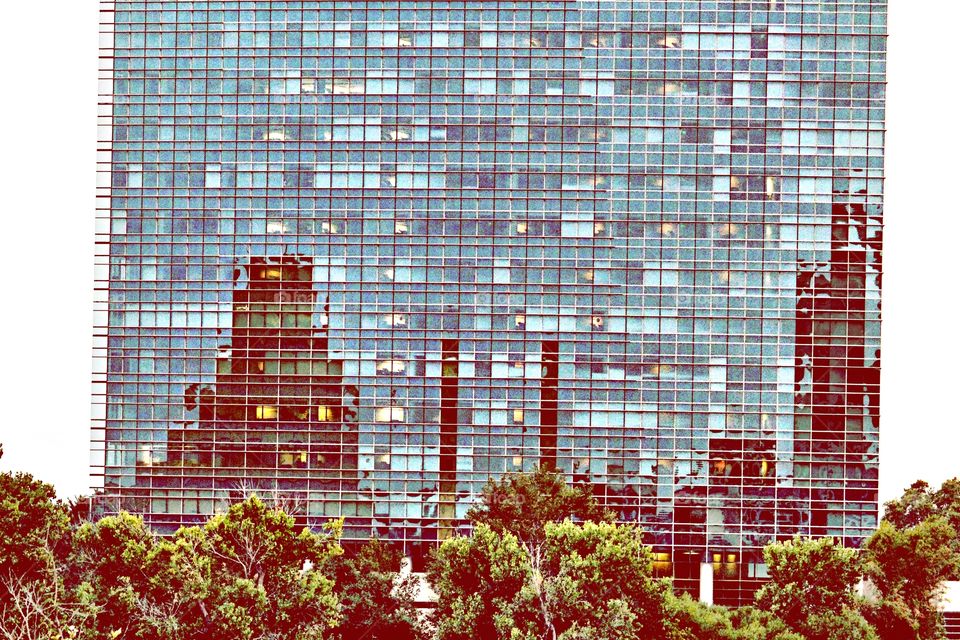 reflections of a City off of a glass high-rise building in the States capitol Sacramento California. bridge, golden bridge, architecture, buildings.