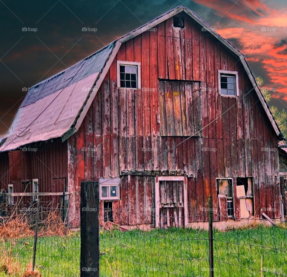 Foap Mission Cities And Countrysides! Countryside Vintage Red Barn With Fence In Stormy Setting!