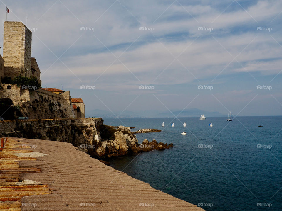 Coastal view of the sea from the old ramparts of Antibes in the south of France.