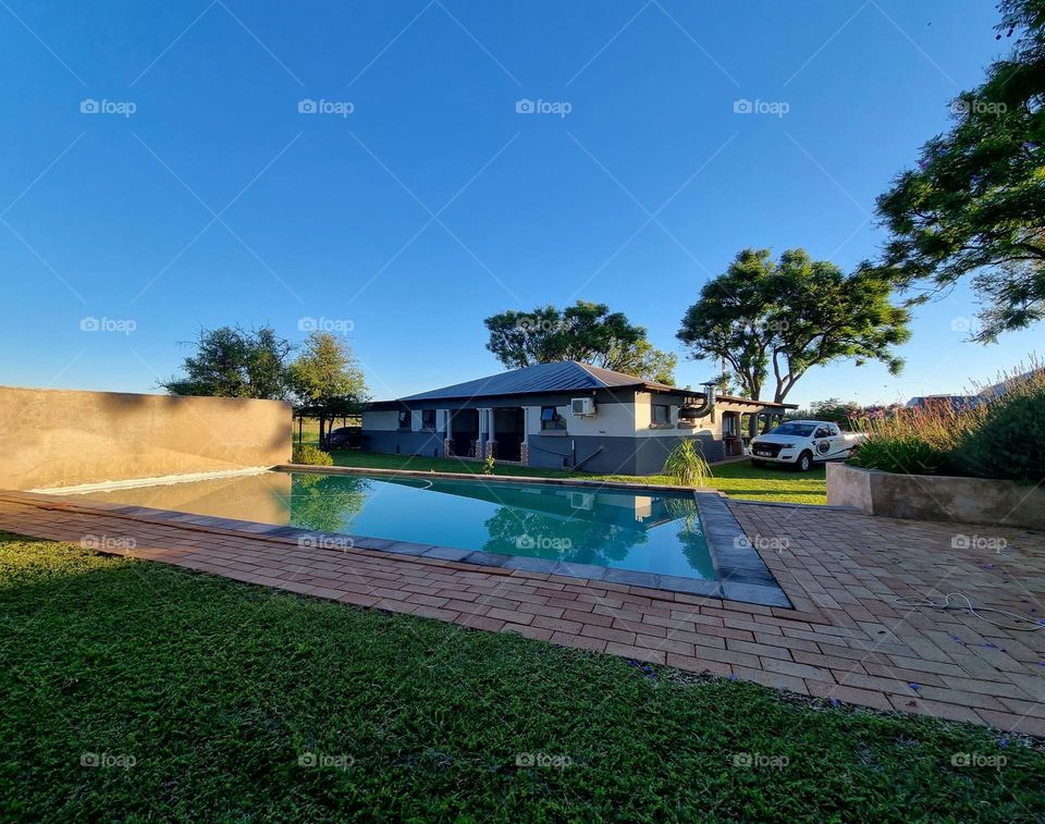 sunny day and blue skies by the pool on a farm.