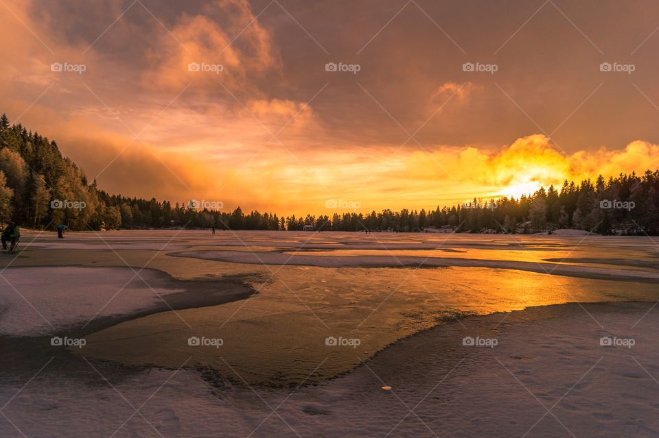 Sunset in January at Steinbruvann. Oslo, Norway. 