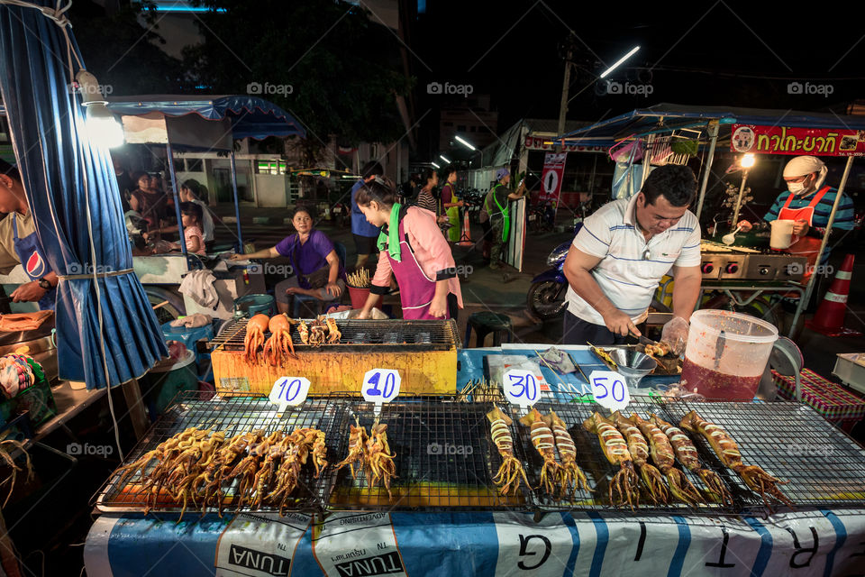 Street food in street market in Thailand at night