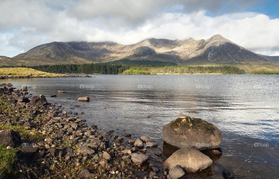 Beautiful lakeside landscape scenery of Lough inagh with mountains in the background at Connemara National park in County Galway, Ireland