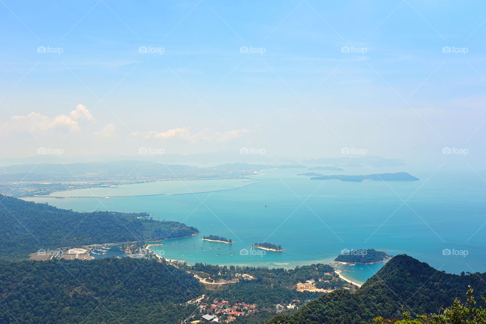 Panoramic view of blue sea and sky from top mountain in Langkawi Island Malaysia