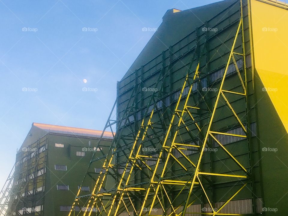 Rear of Sheds 1 and 2 at Cardington Airfield, Bedfordshire, former RAF airfield and home of British airships
