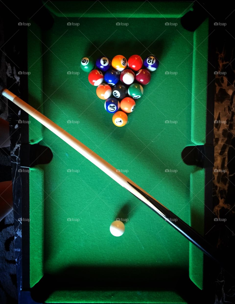 Lucky break. Mini pool set up for a game