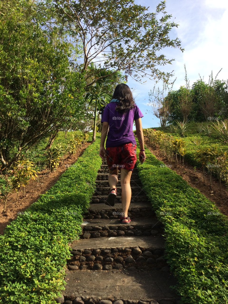 Climbing up outdoor stairs