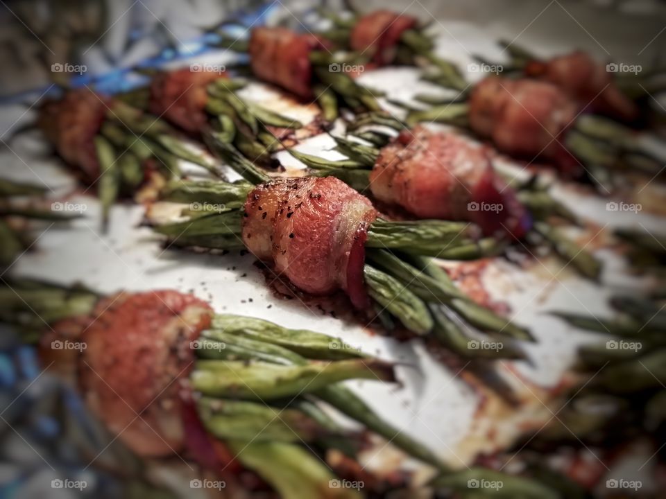 Bacon Wrapped Green Beans Just Out of the Oven Ready to Be Plated