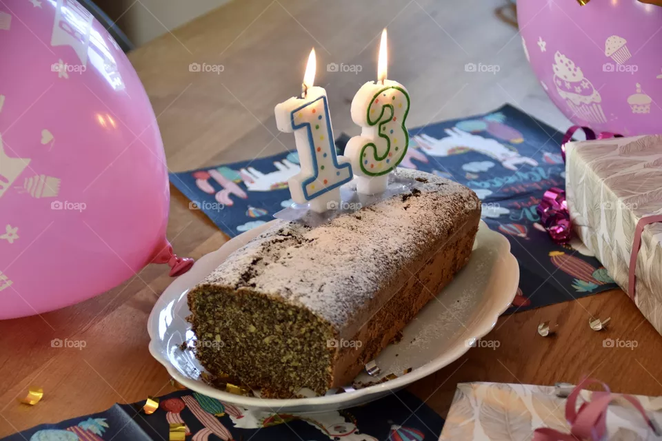 Homemade birthday cake with candles on the top