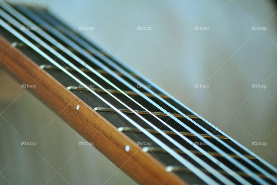 macro shot, acoustic guitar string, frets, closeup