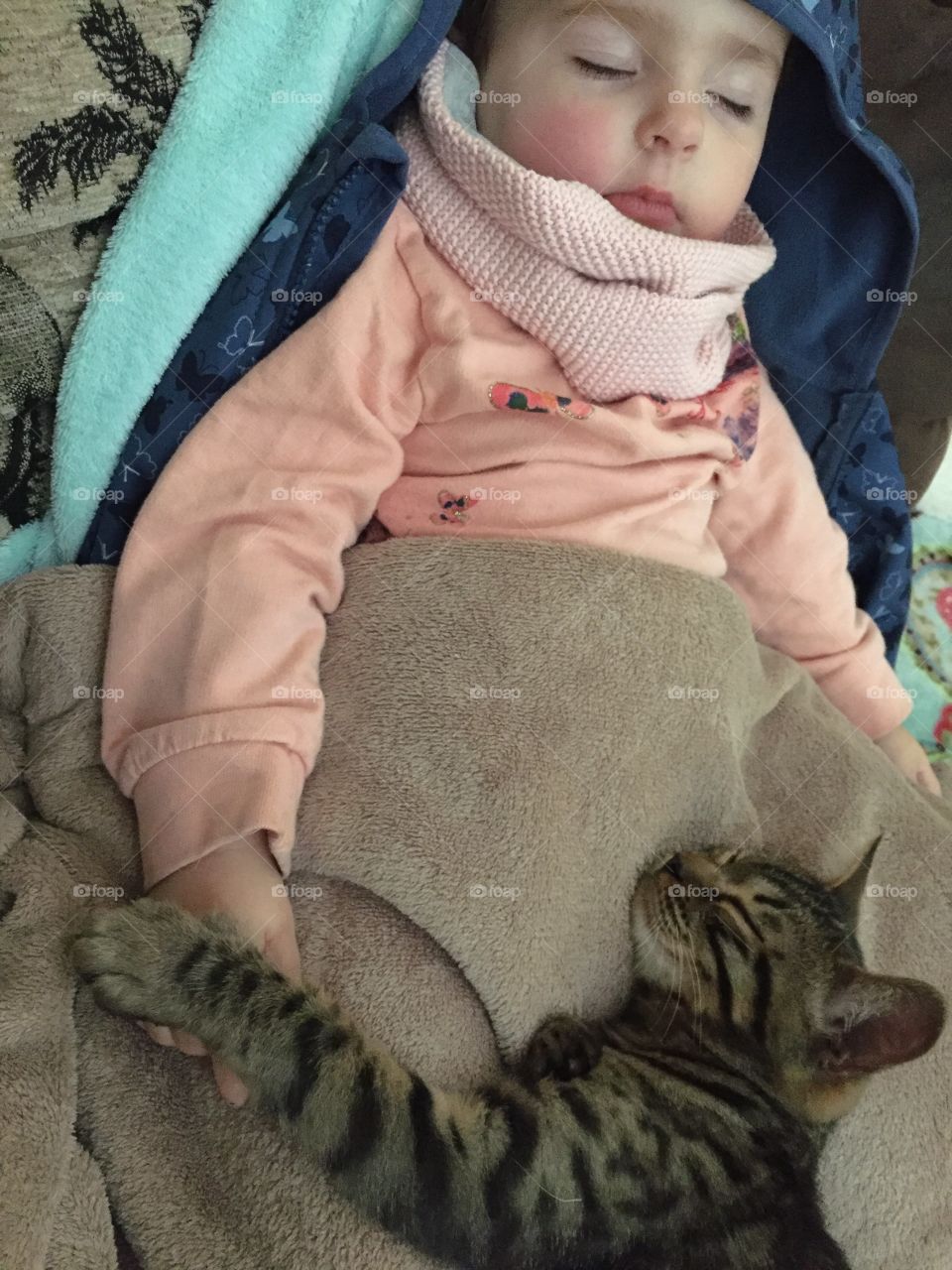 Kleines Mädchen und Katze schlafen 
