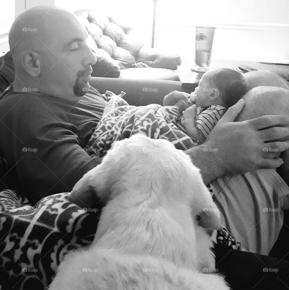 Daddy and baby and dog