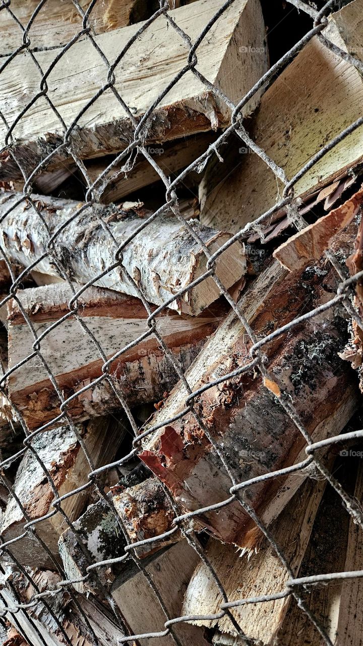 Dry birch logs in the wood storage, waiting for the frosts of the Finnish winter and the heating of the house