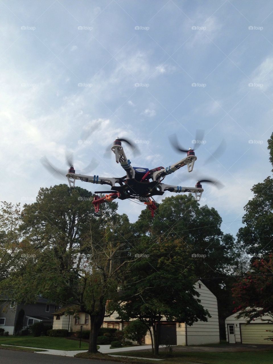 Unmanned aerial vehicle. Hexacopter hovering
