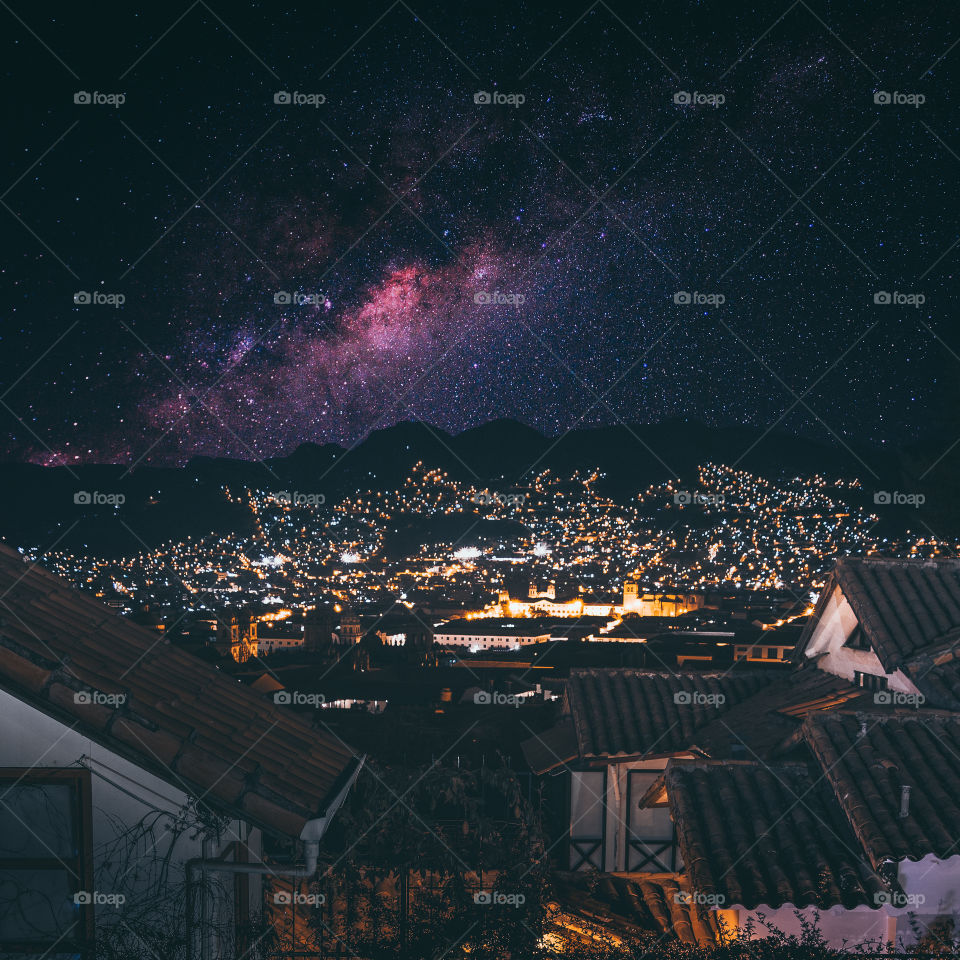 Sky at night. Milkyway city view