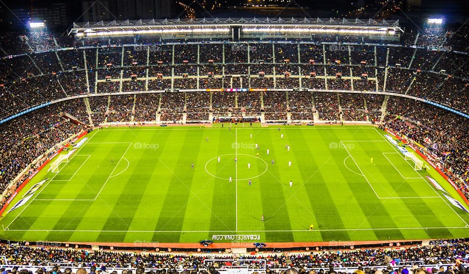 Taking in the famous 'El Classico' derby in FC Barcelonas' Camp Nou stadium. Shot from the very top row...