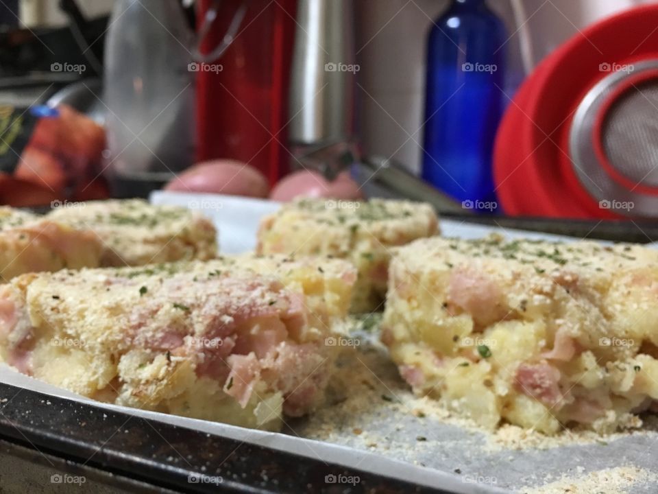 Mashed potato cake patties side dish closeup on pan