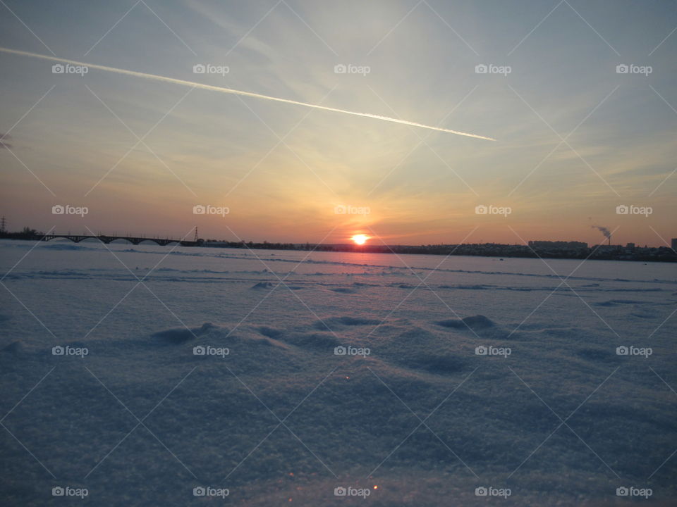 sunset in winter in Central Russia, Voronezh, January, Epiphany frost