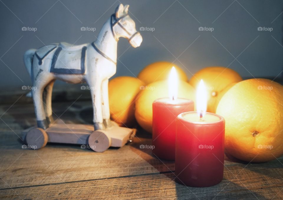 Candle red color flame close-up orange toy Winter celebration christmas decoration